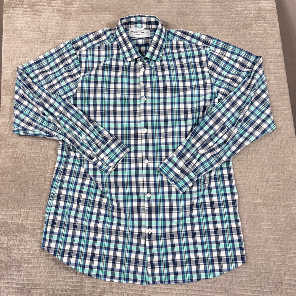 Mizzen + Main Leeward Collection Plaid Shirt Mens XXL Trim Fit Blue Teal Stretch